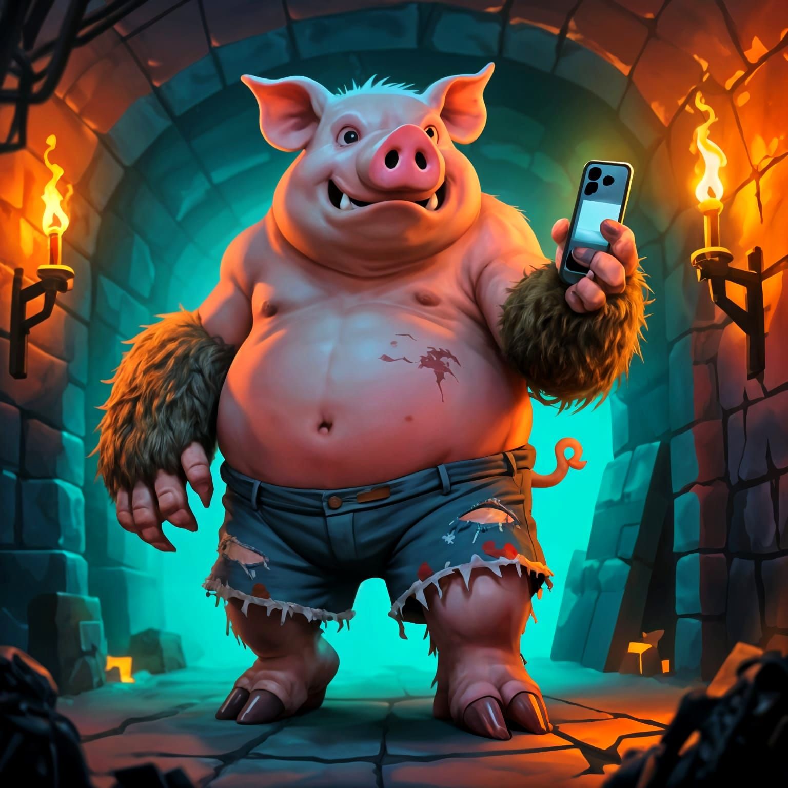 Giant Hairy Pig Monster with Smartphone in Dungeon