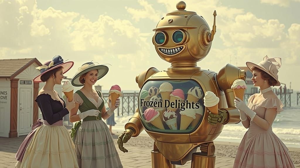 Victorian Seaside Scene with Robot Ice Cream Seller