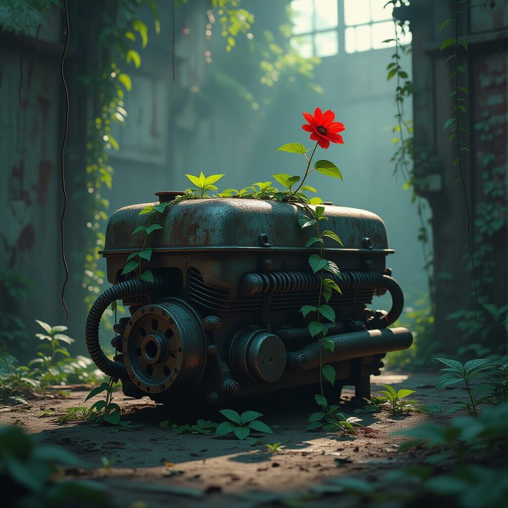 Rusted V8 Engine in Overgrown Urban Jungle
