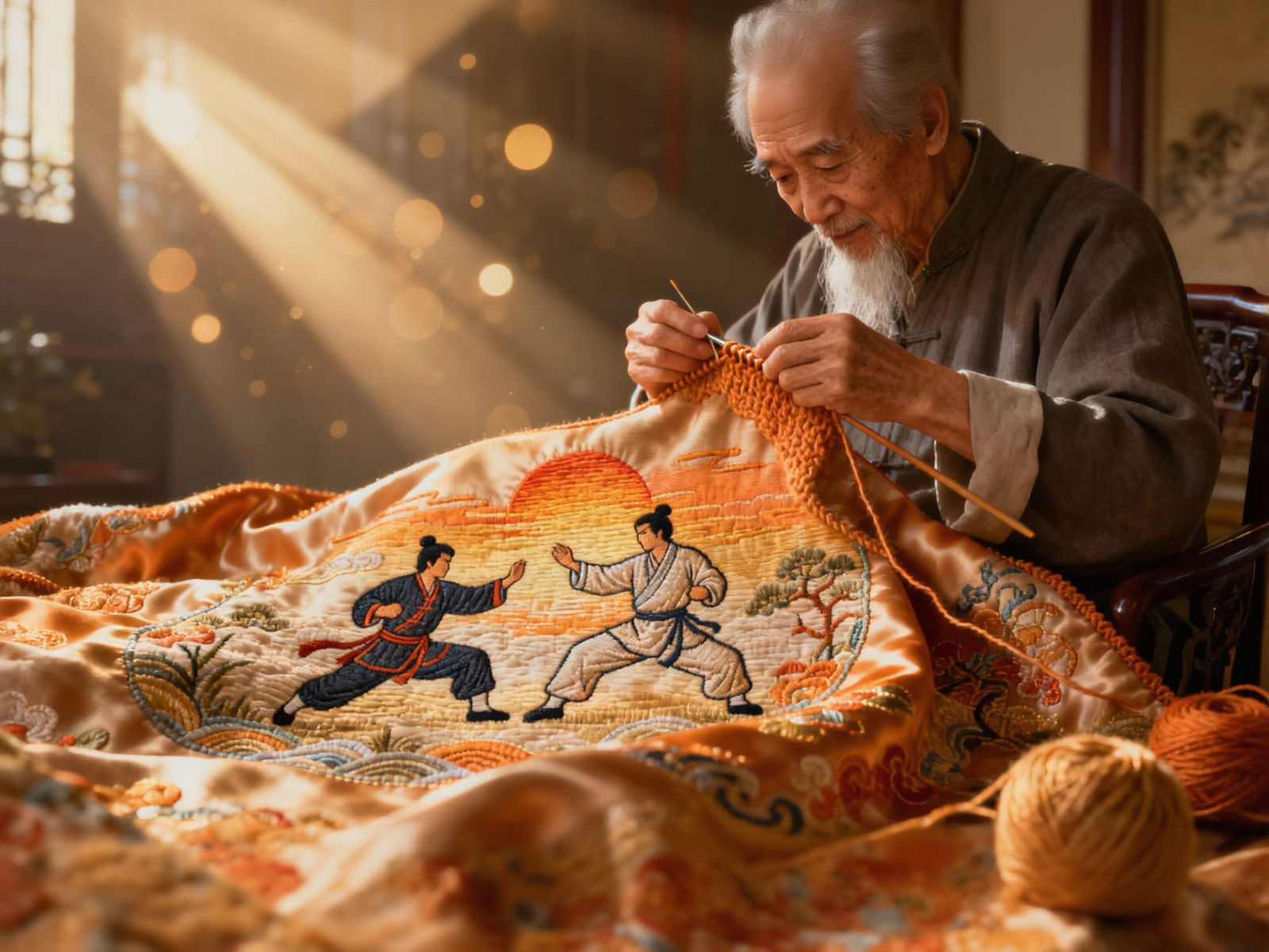 Old Man Knitting Silk Blanket with Martial Arts Scene