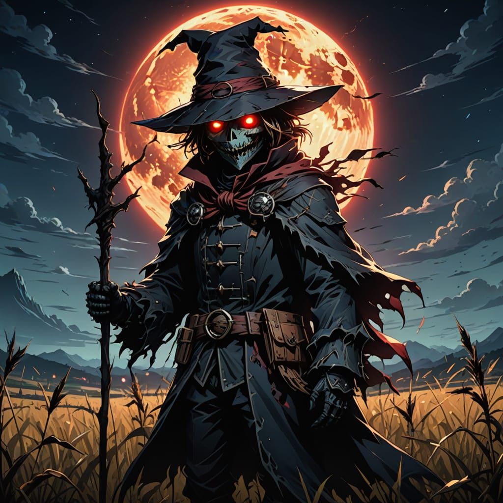 Dark Fantasy Anime Scarecrow in Moonlit Field