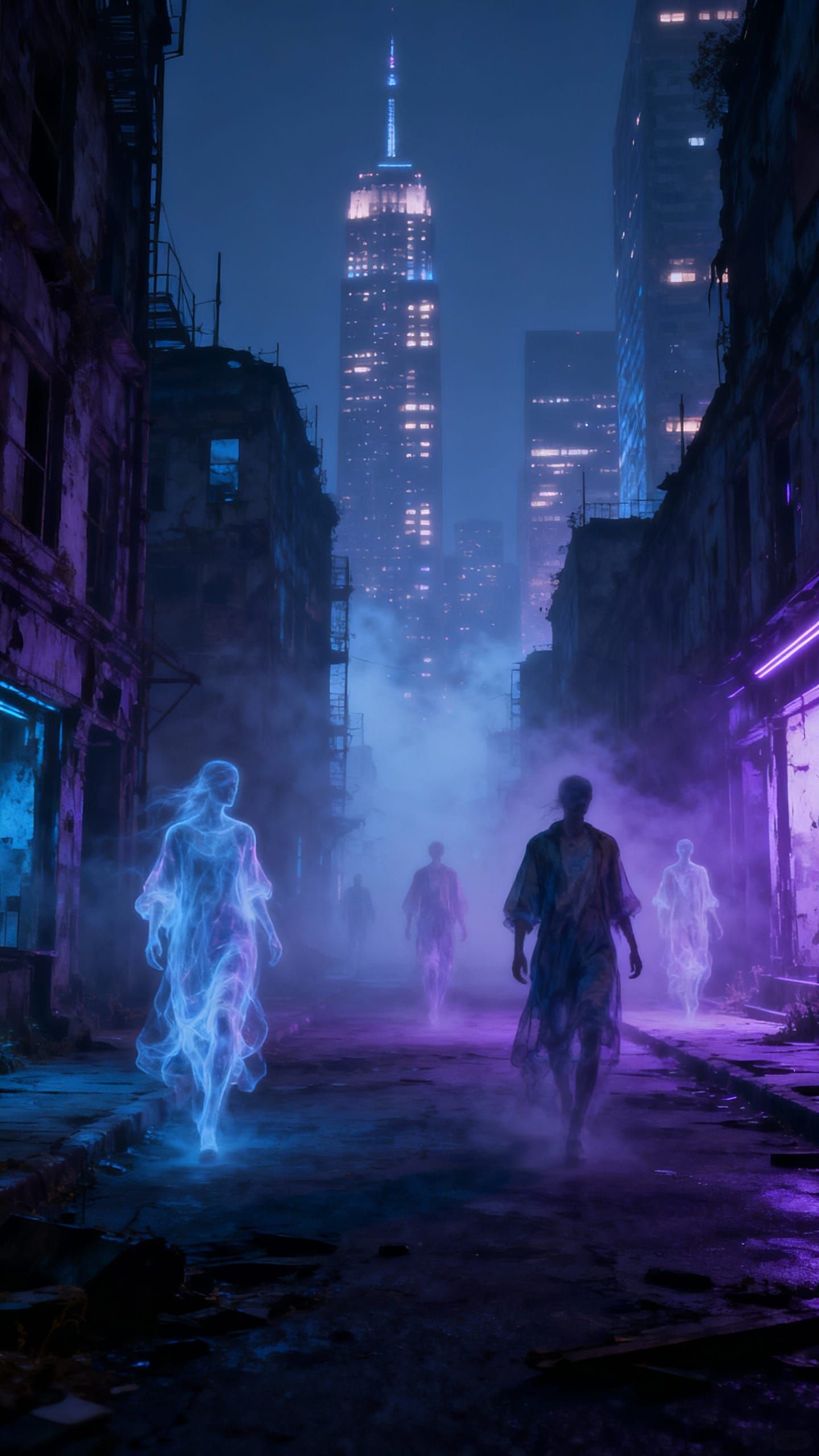 Ghostly Cityscape with Spirits Floating Through Streets