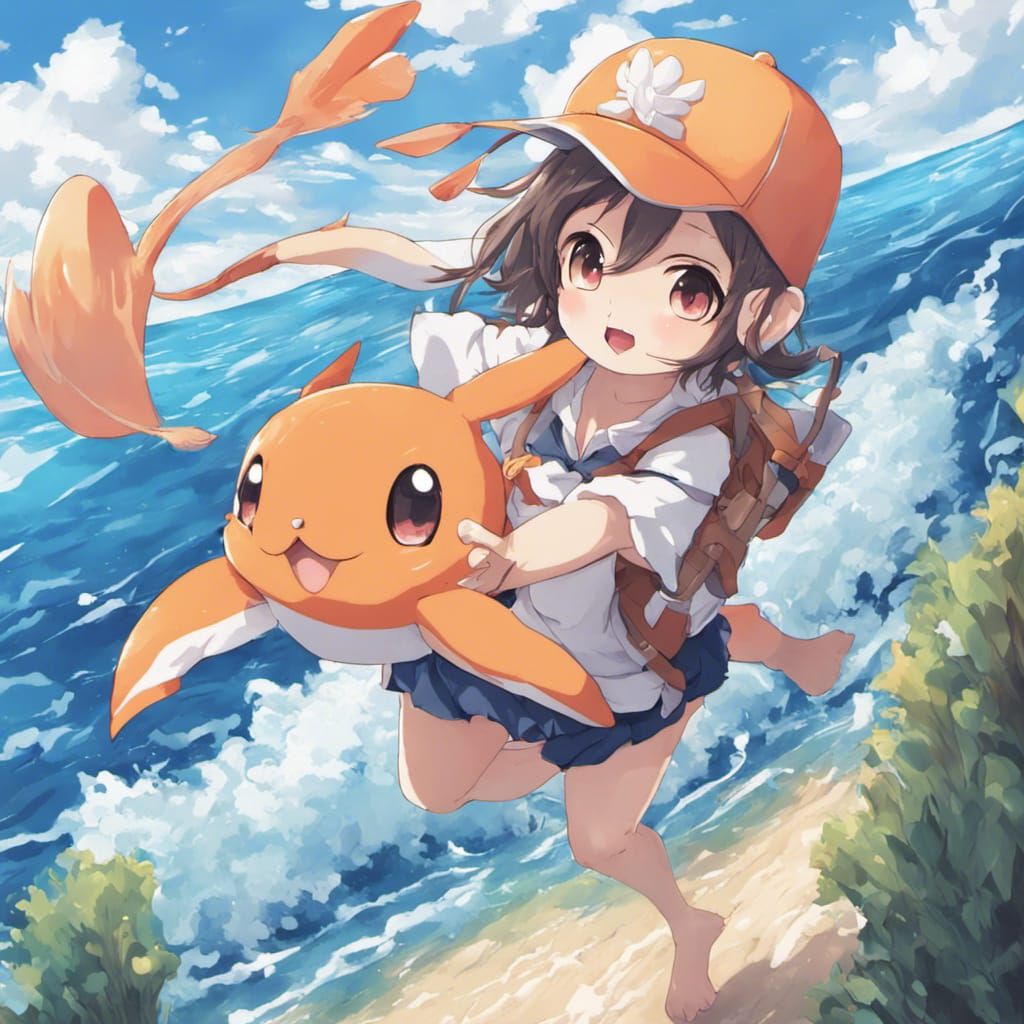 Rabbit Rides Magikarp: Anime-Style Beach Scene