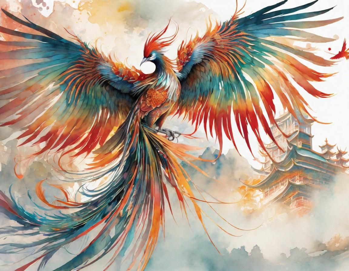 Majestic Chinese Phoenix Digital Watercolor Illustration