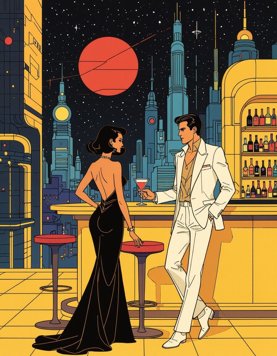 Retro-Futurist Cityscape: Woman at Bar in Graphic Novel Styl...