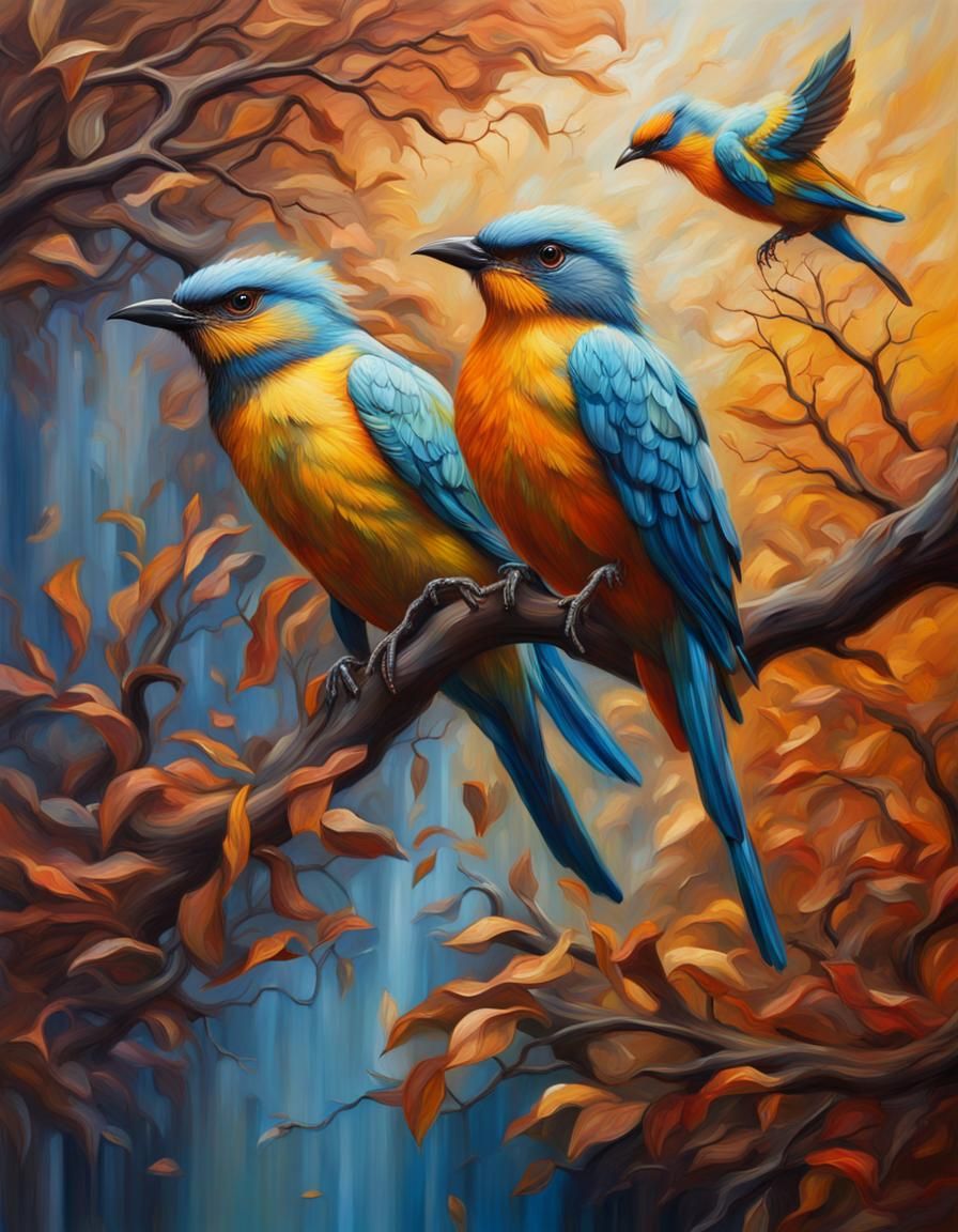 Birds in Flowing Tree: Hyperrealistic Oil Painting
