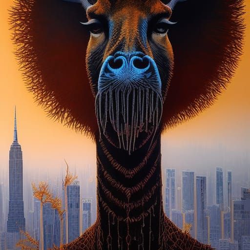 Giraffe Assassin Master Walking City Street in Darkness