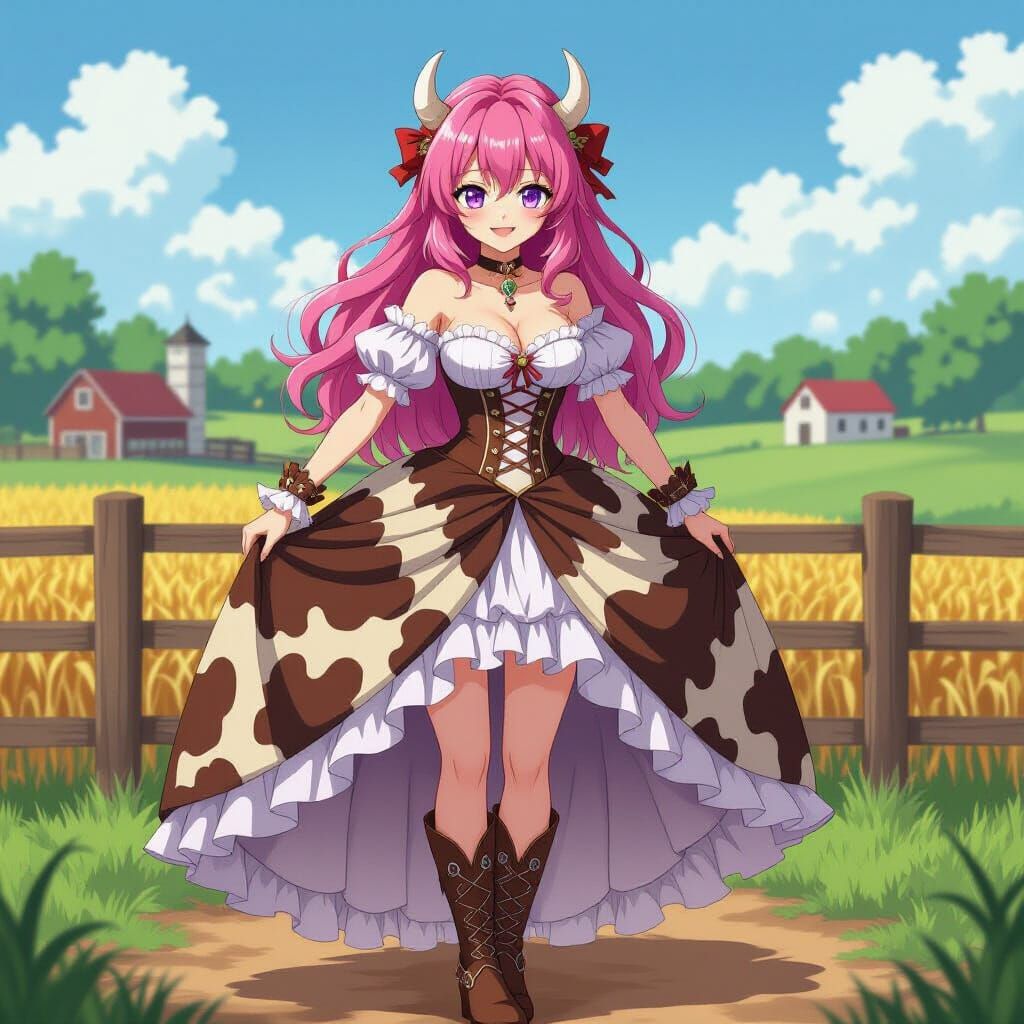 Pink Haired Woman Poses on Farm in Victorian Cow Print Gown
