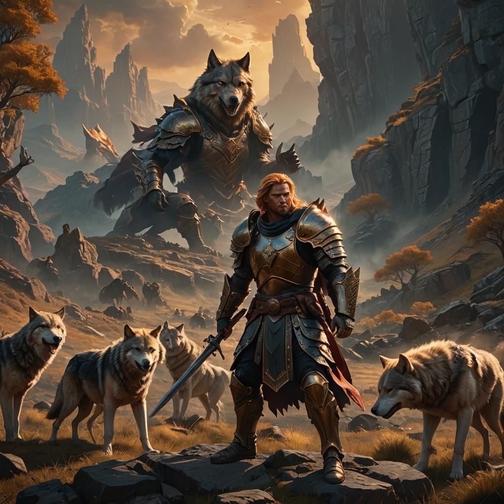Fantasy Warrior in Ancient Landscape with Wolves