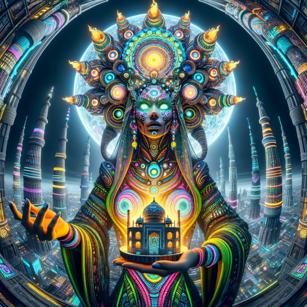 Cosmic Goddess in Vibrant Futuristic Metropolis