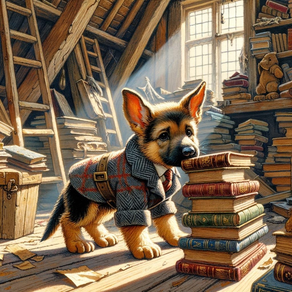 German Shepherd Puppy Balances Books in Tweed Waistcoat