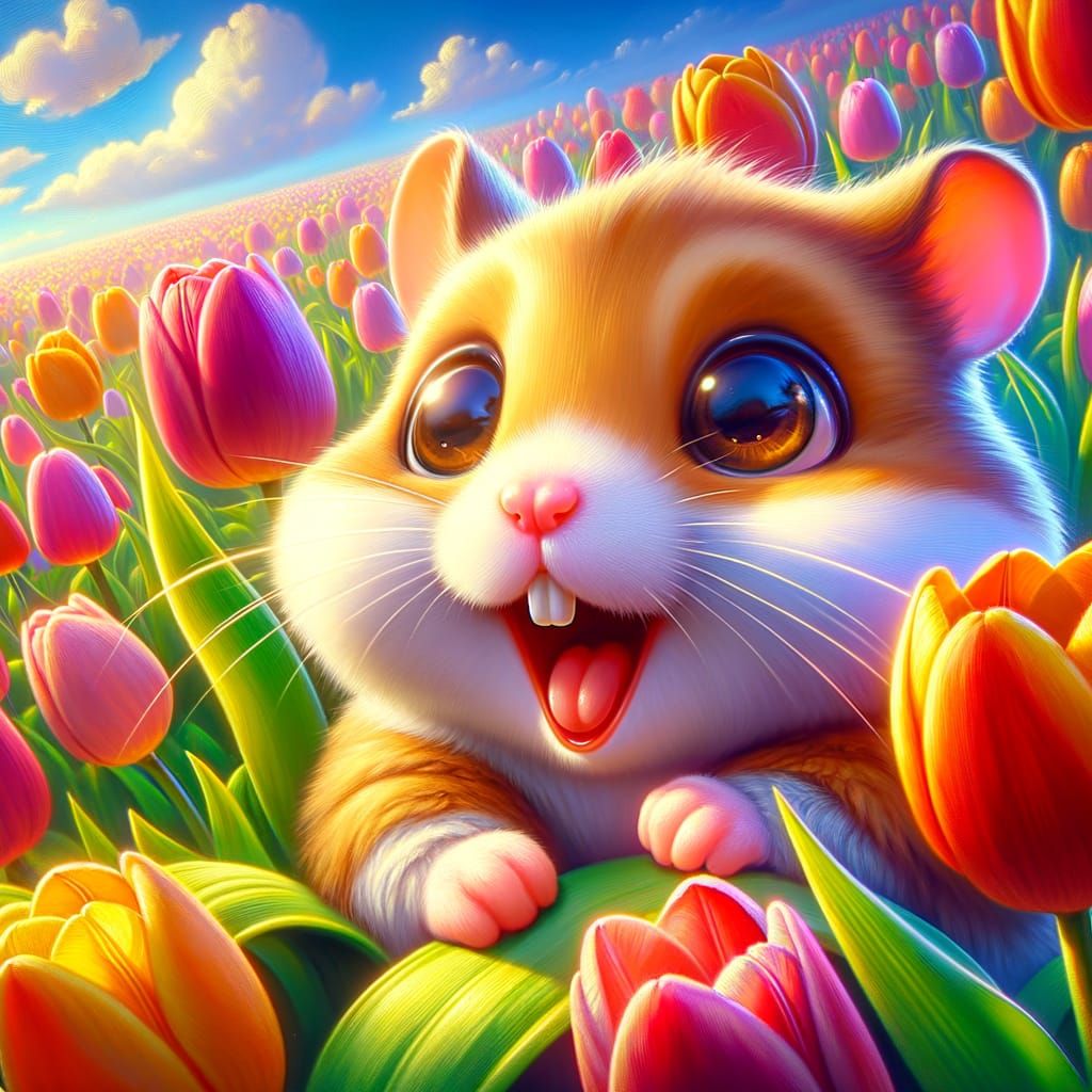 Excited Hamster in Vibrant Tulips Oil Painting
