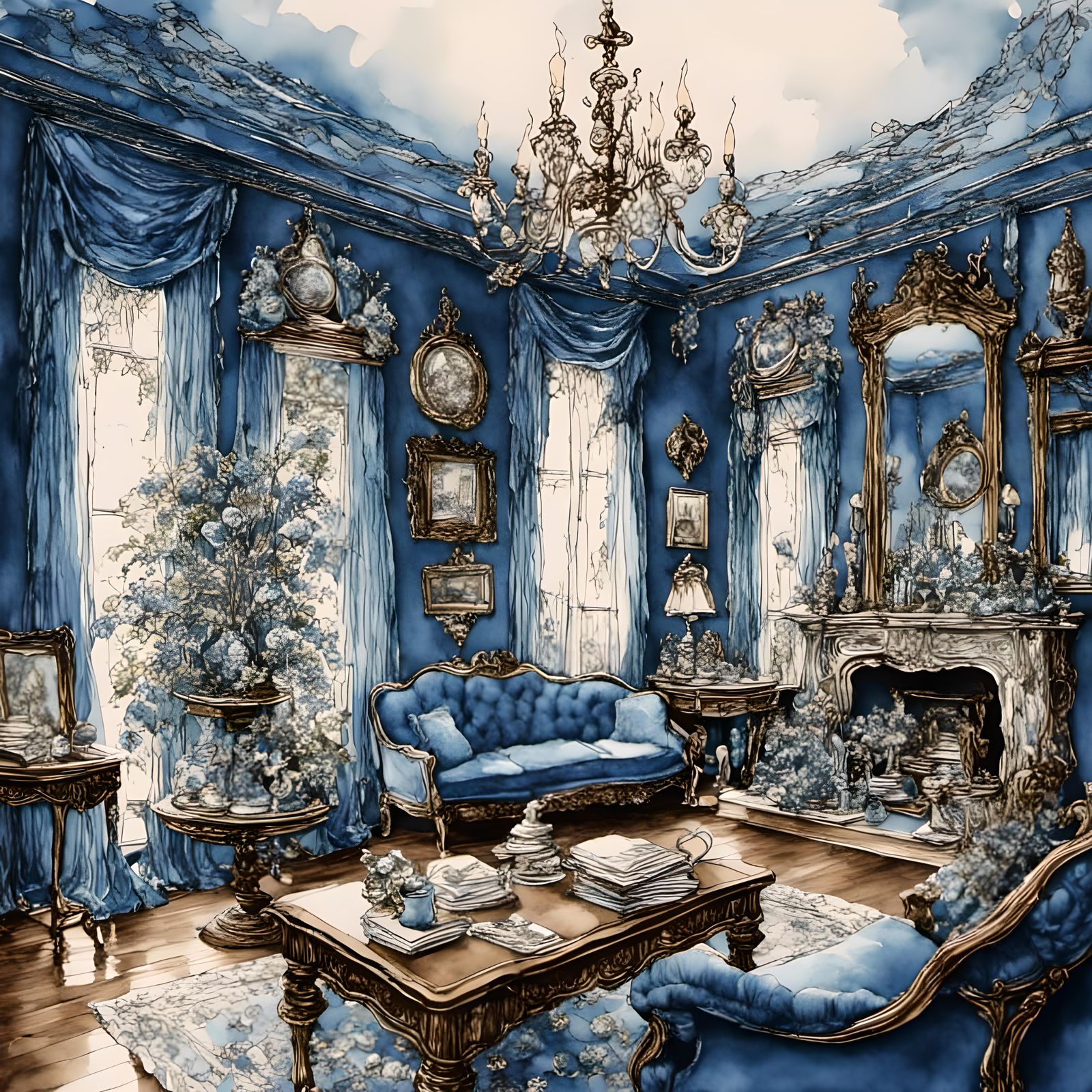 beautiful blue victorian parlor <lora:Pink Snow Catchall:1.0...