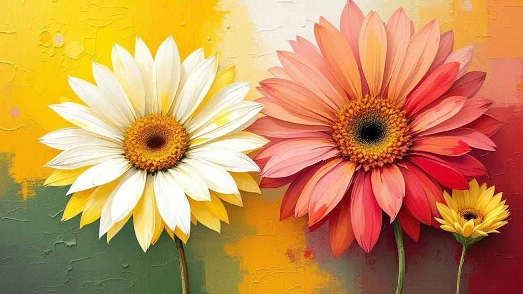 Abstract Gerbera Daisies in Mondrian Style with Impasto Text...