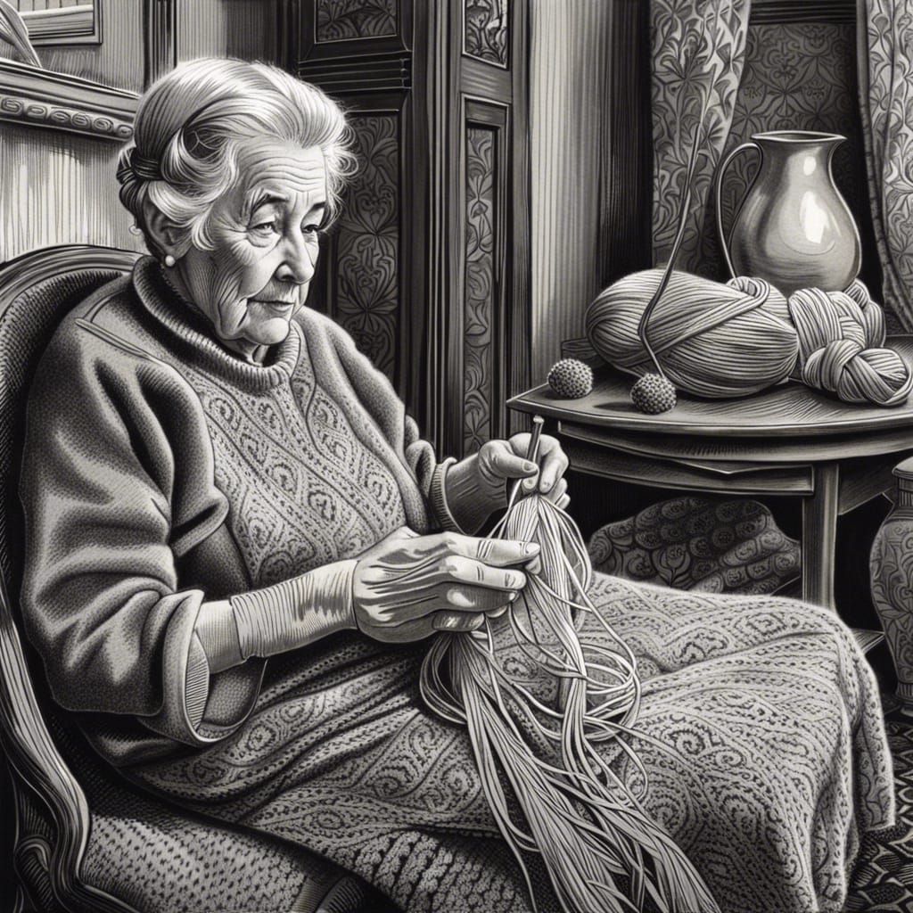 Hyperrealistic Pencil Sketch of Knitting Woman