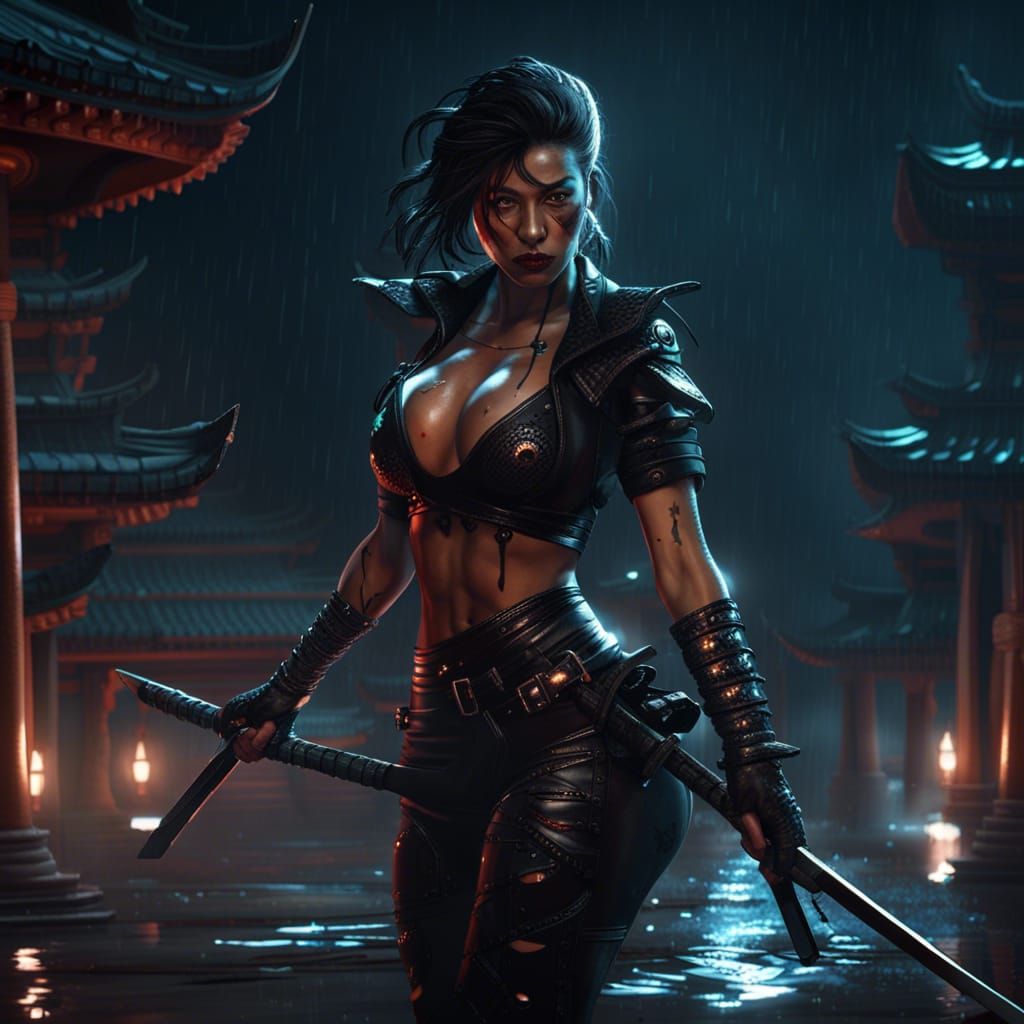 Pinup Assassin with Katana and Pagodas: Dark Fantasy Art