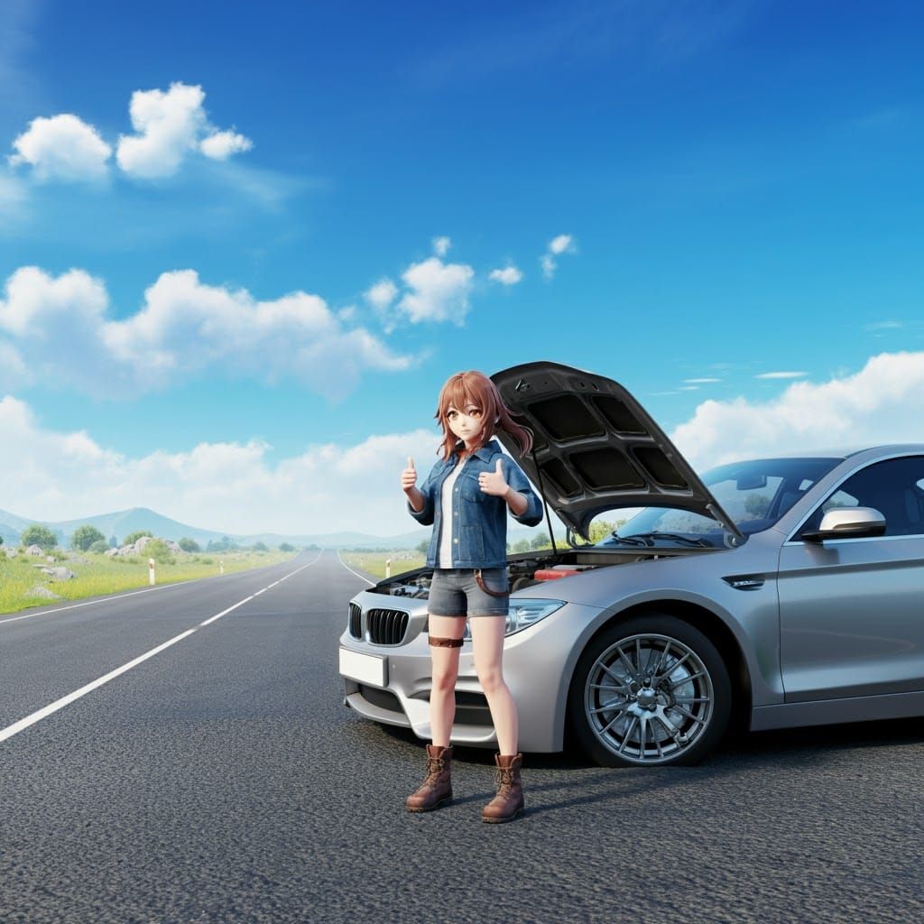 Hitchhiking Woman on Winding Road: 3D Anime Art