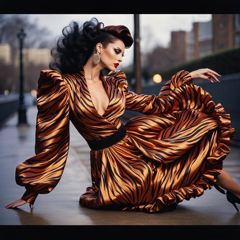 Woman in 80s Tiger Gown, Professional Photo
