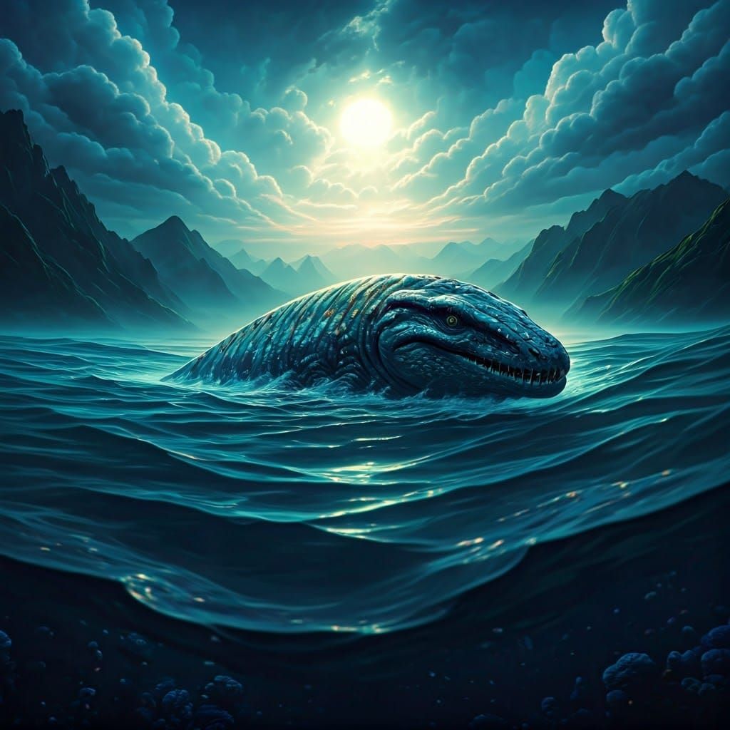 Mystical Kryptonian Mosasaur Emerges from Luminous Depths