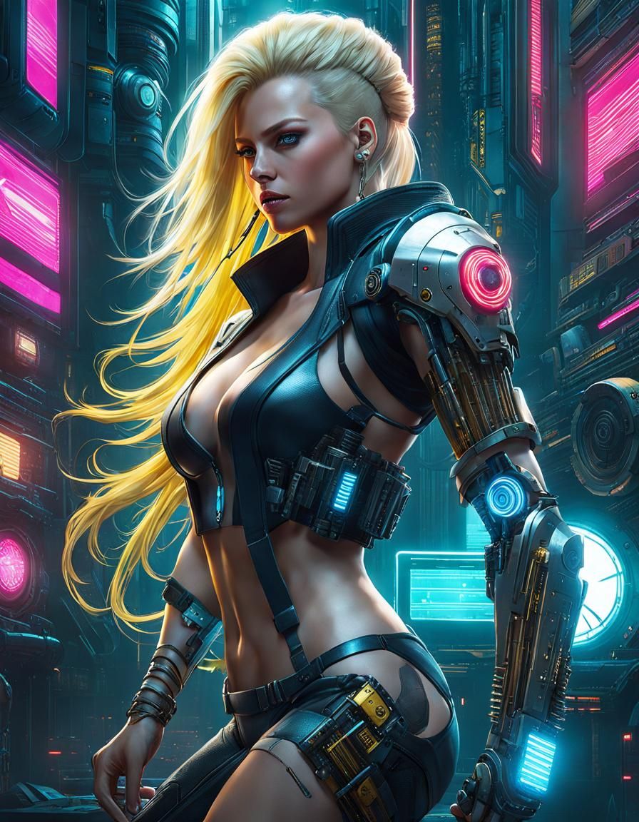 Cyberpunk Woman with Mechanical Arm Illustration