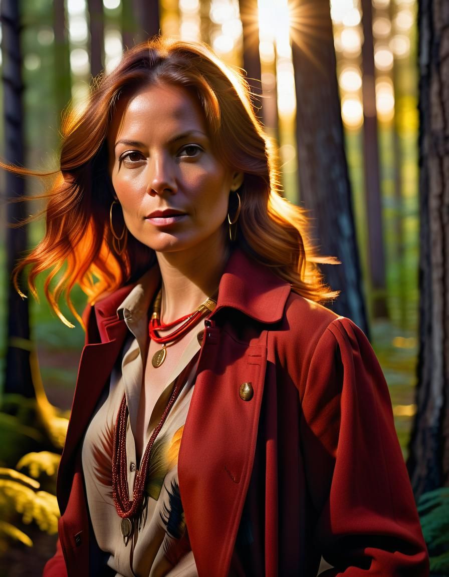 Baroque Portrait of Elegant Woman in Sunrise Forest