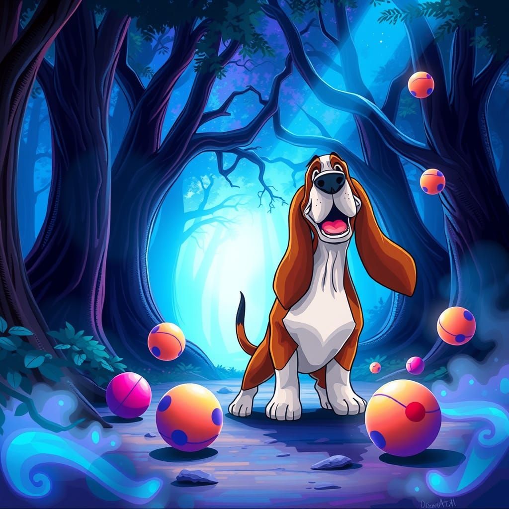Basset Hound Detective Chasing Balls in Neon Forest