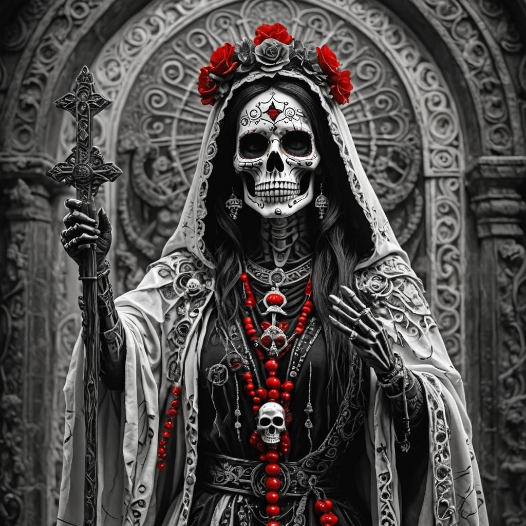Striking Santa Muerte in Black, White, and Red