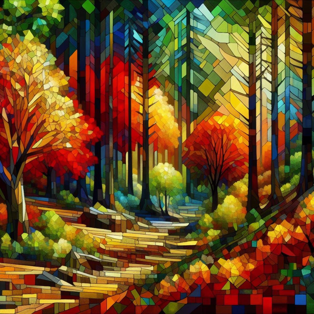 Neo-Cubist Autumn Forest Oil Painting
