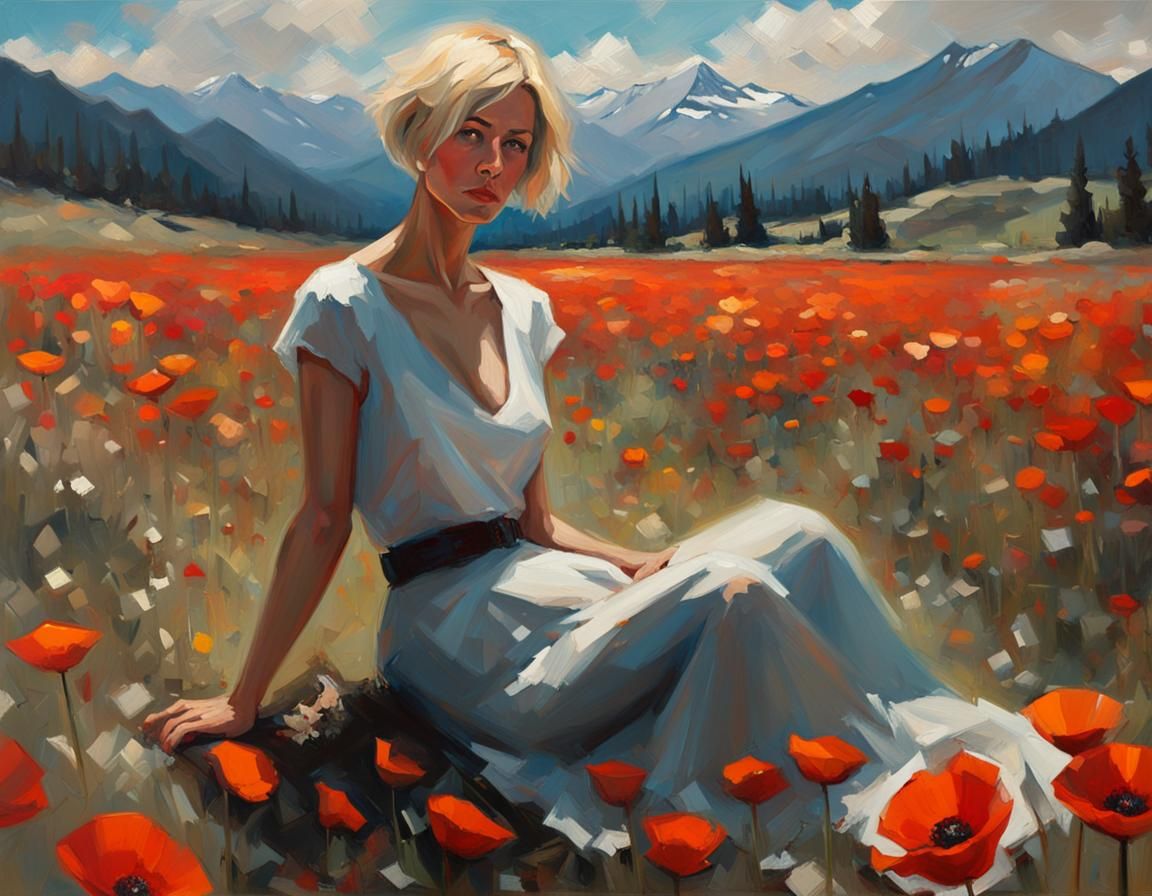 Woman in Poppy Field: Impasto Oil Painting