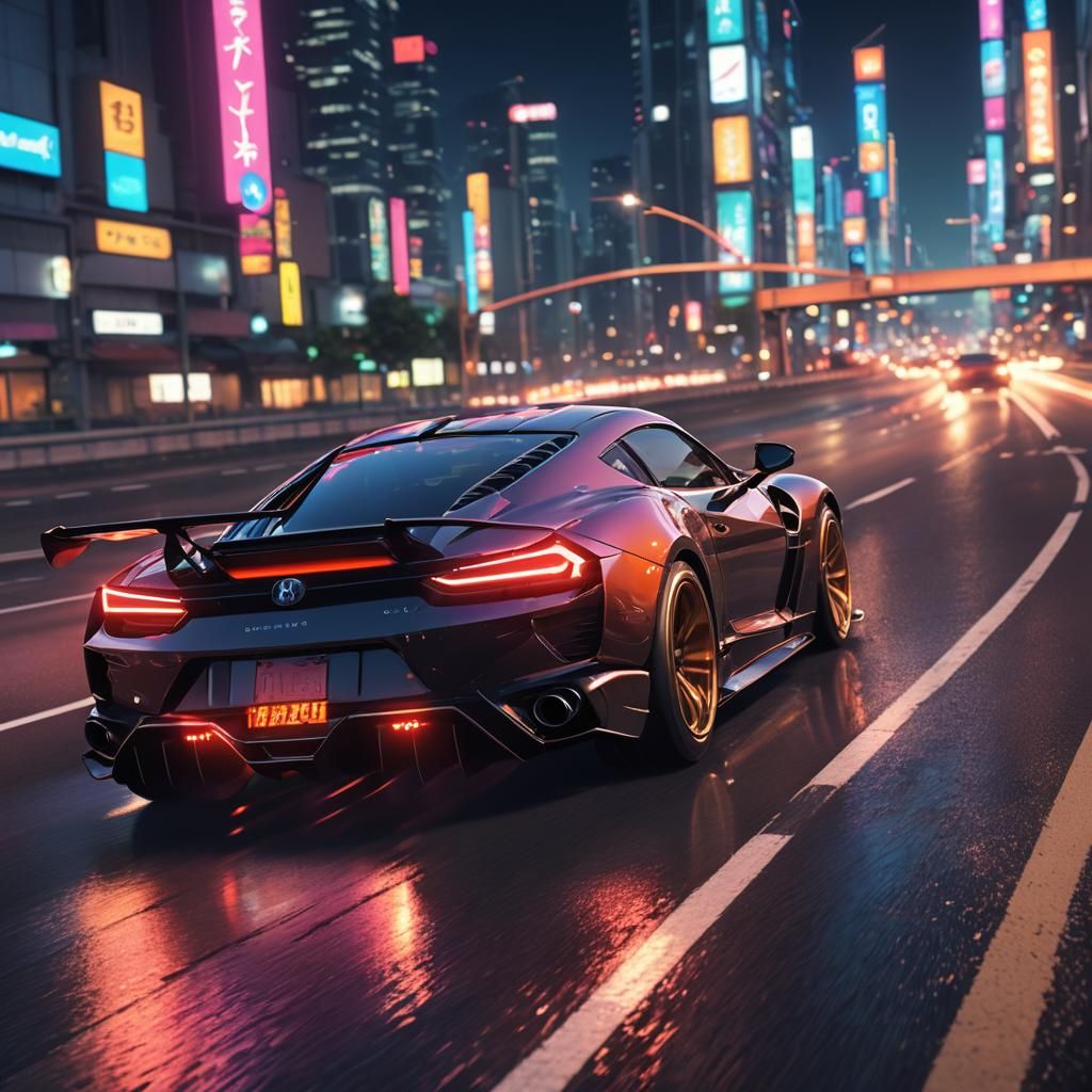 Neon Highway: 3D Anime Sports Car at Night