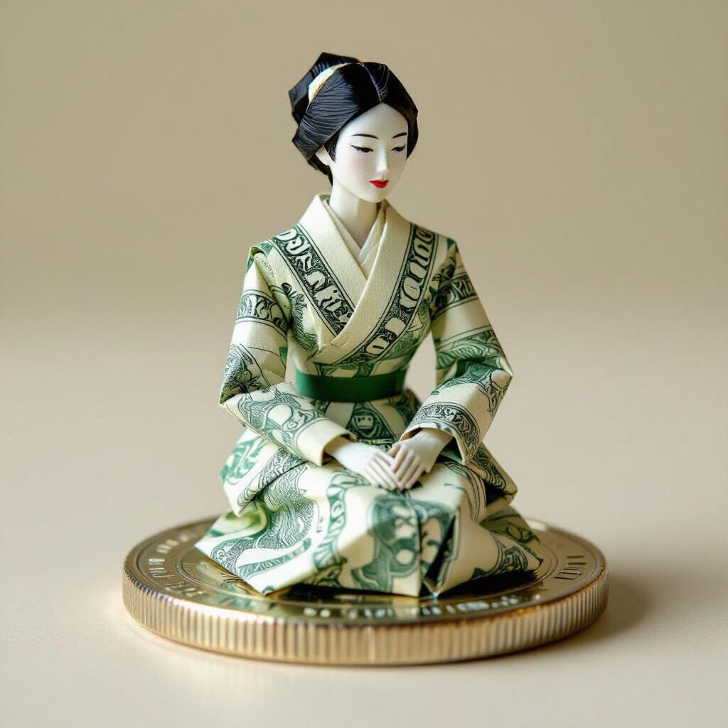 Origami Woman on Coin in Photographic Style