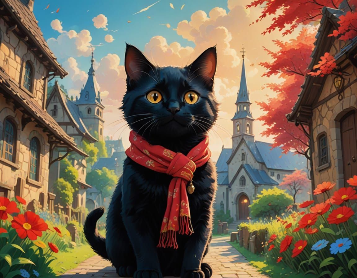 Whimsical Anime Church Scene with Curious Black Kitten