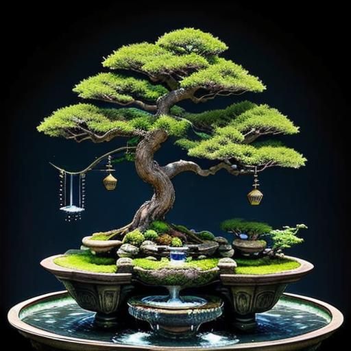 Bonsai Tree Garden with Miniature Water Fountain Mansion