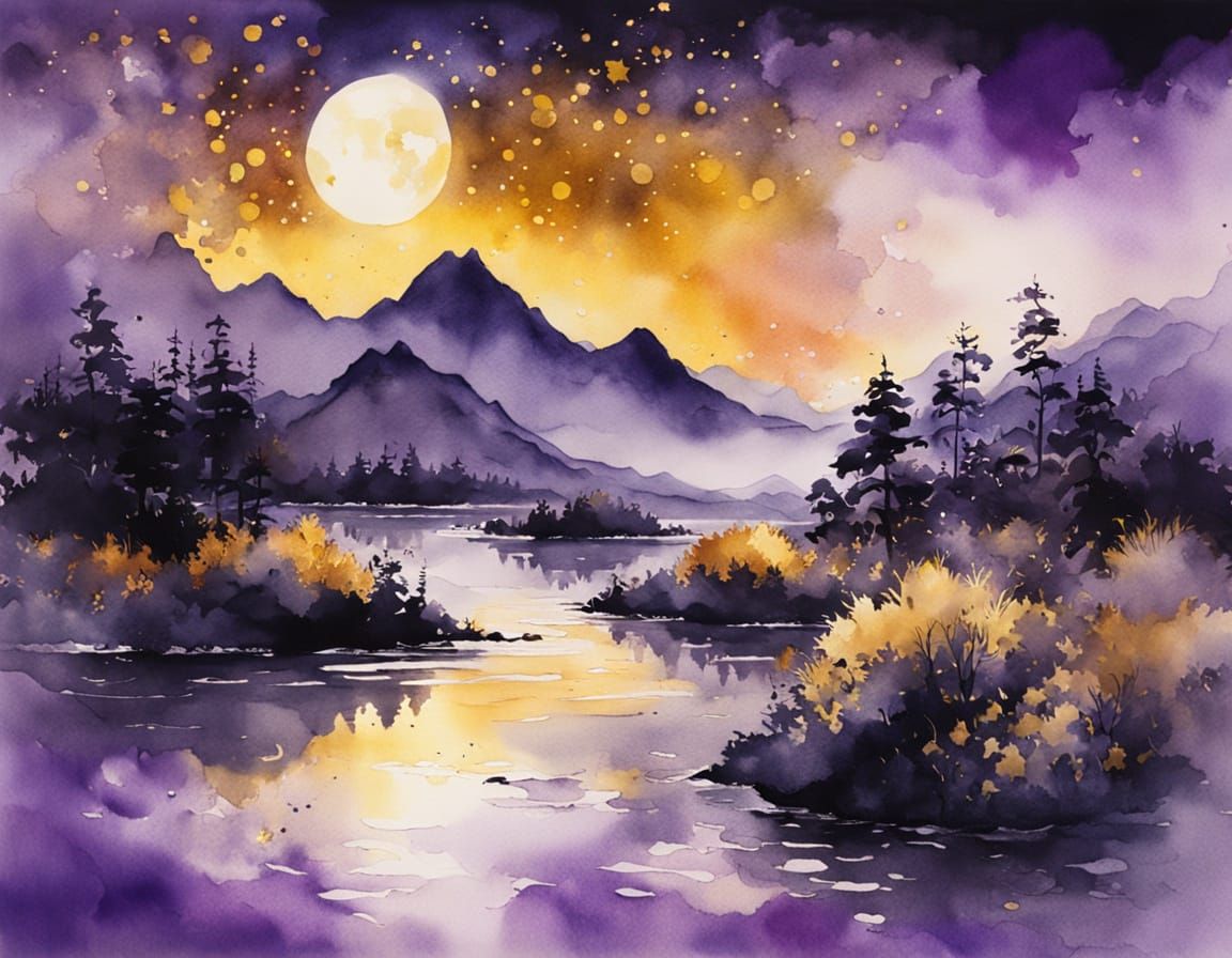 Vibrant Watercolor Landscape Under Starry Moonlight