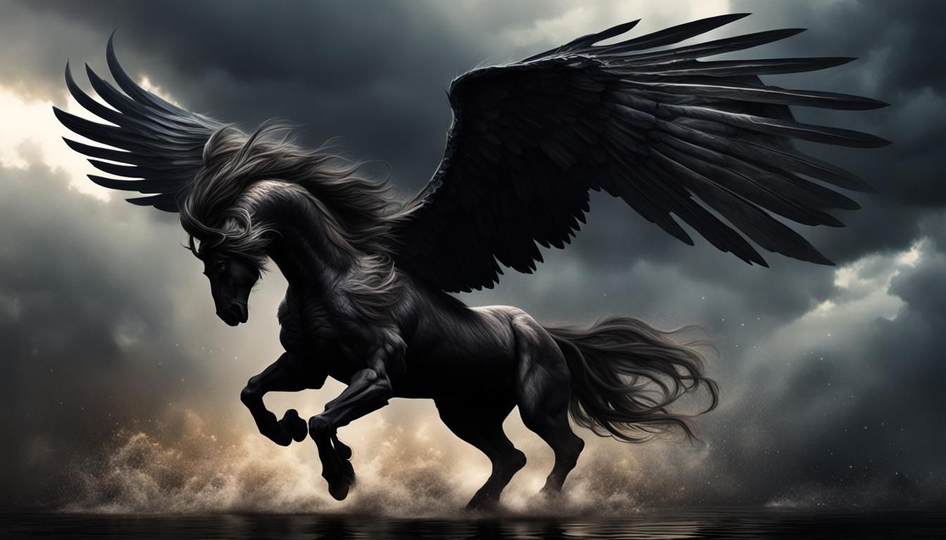 Hyperrealistic Black Pegasus with Stormy Background