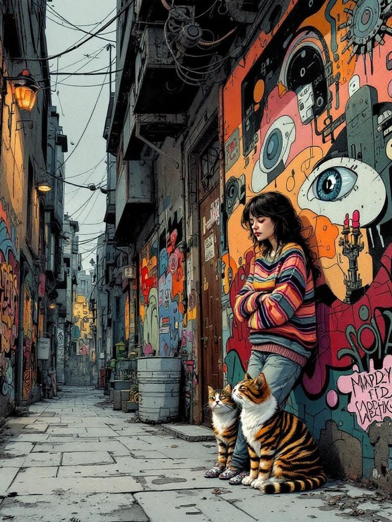 Woman and Cat in Alleyway, Comic Book Illustration