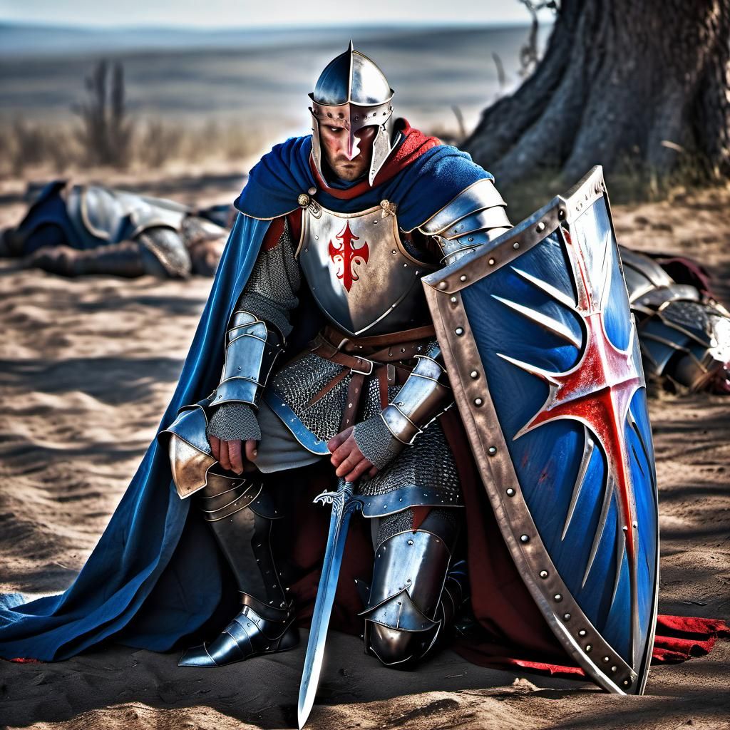 Defeated Knight on Battlefield with Giant Shield