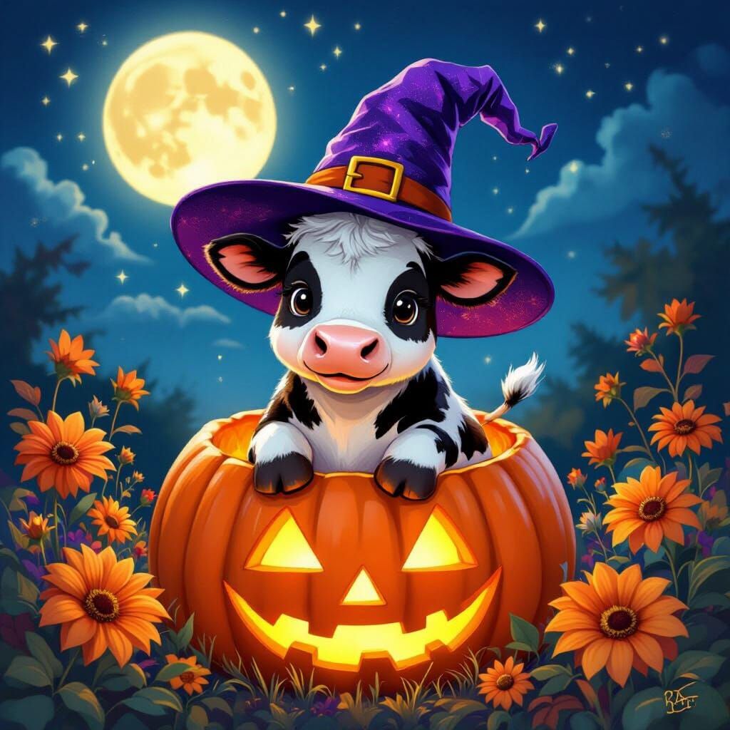 Cow Witch in Jack-O-Lantern, Whimsical Art Style