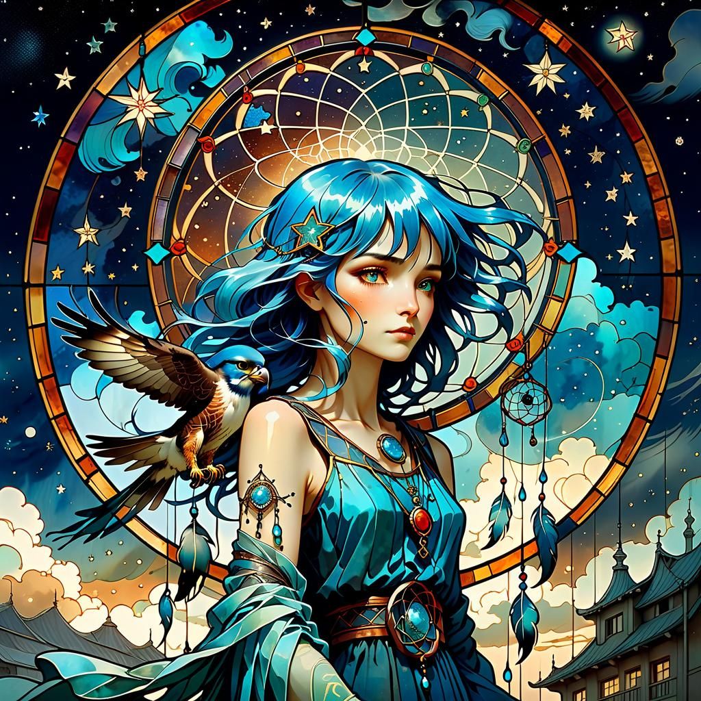 Stained Glass Dream Catcher: Woman with Falcon