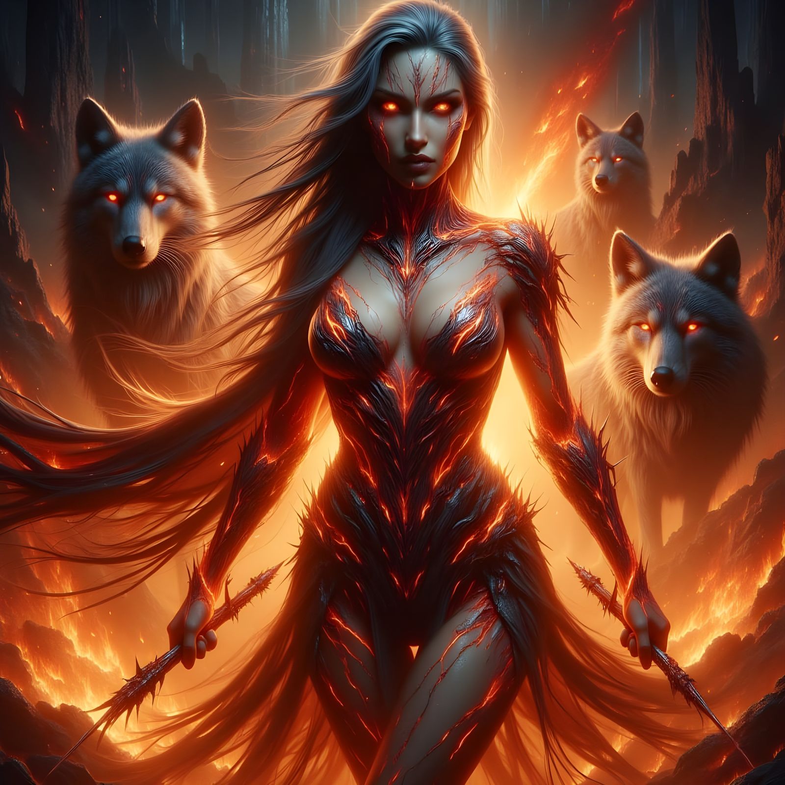 Fiery Goddess Unleashes Arrows in a Mythical Scene