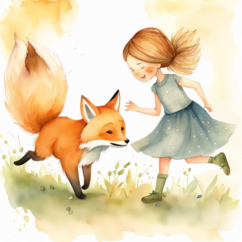 Watercolor Storybook: Girl and Fox Playing