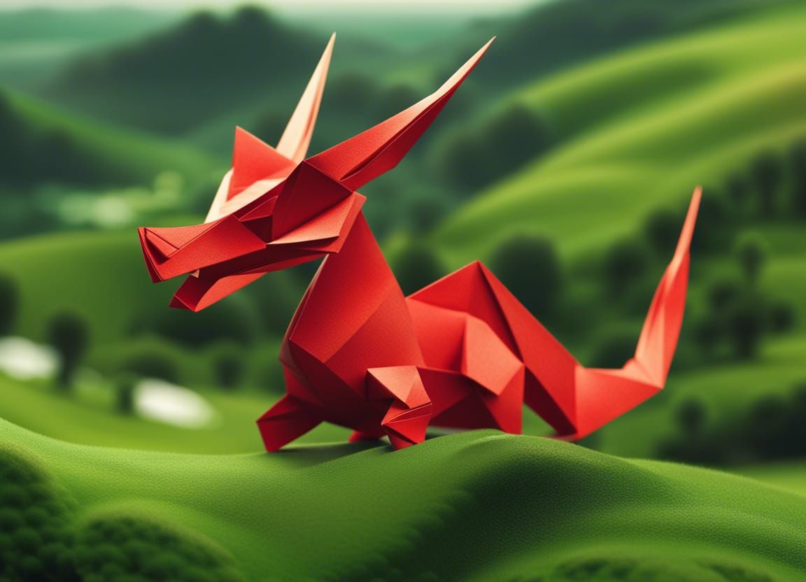 Origami Welsh Dragon on Green Hills