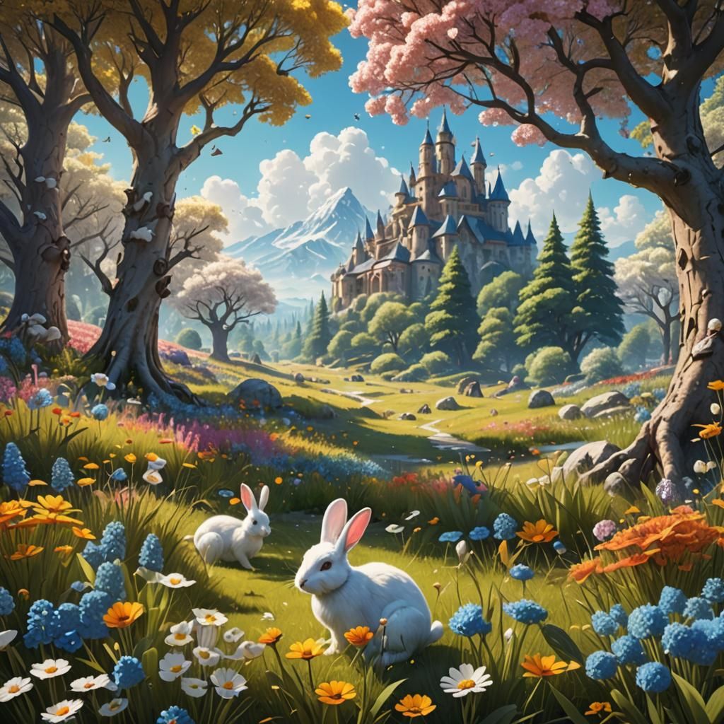 Sunny Meadow with Flowers and Bunnies