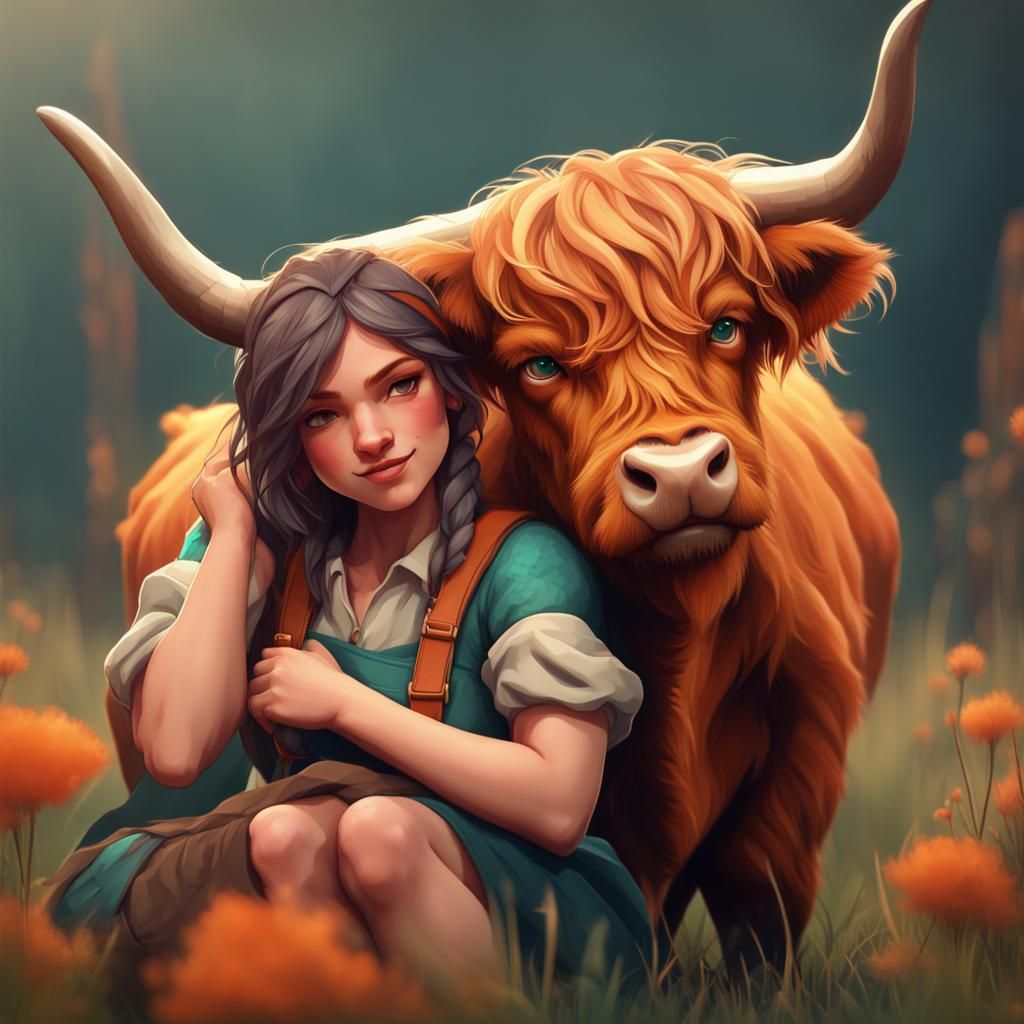 Farmer and Highland Cow: Detailed Concept Art