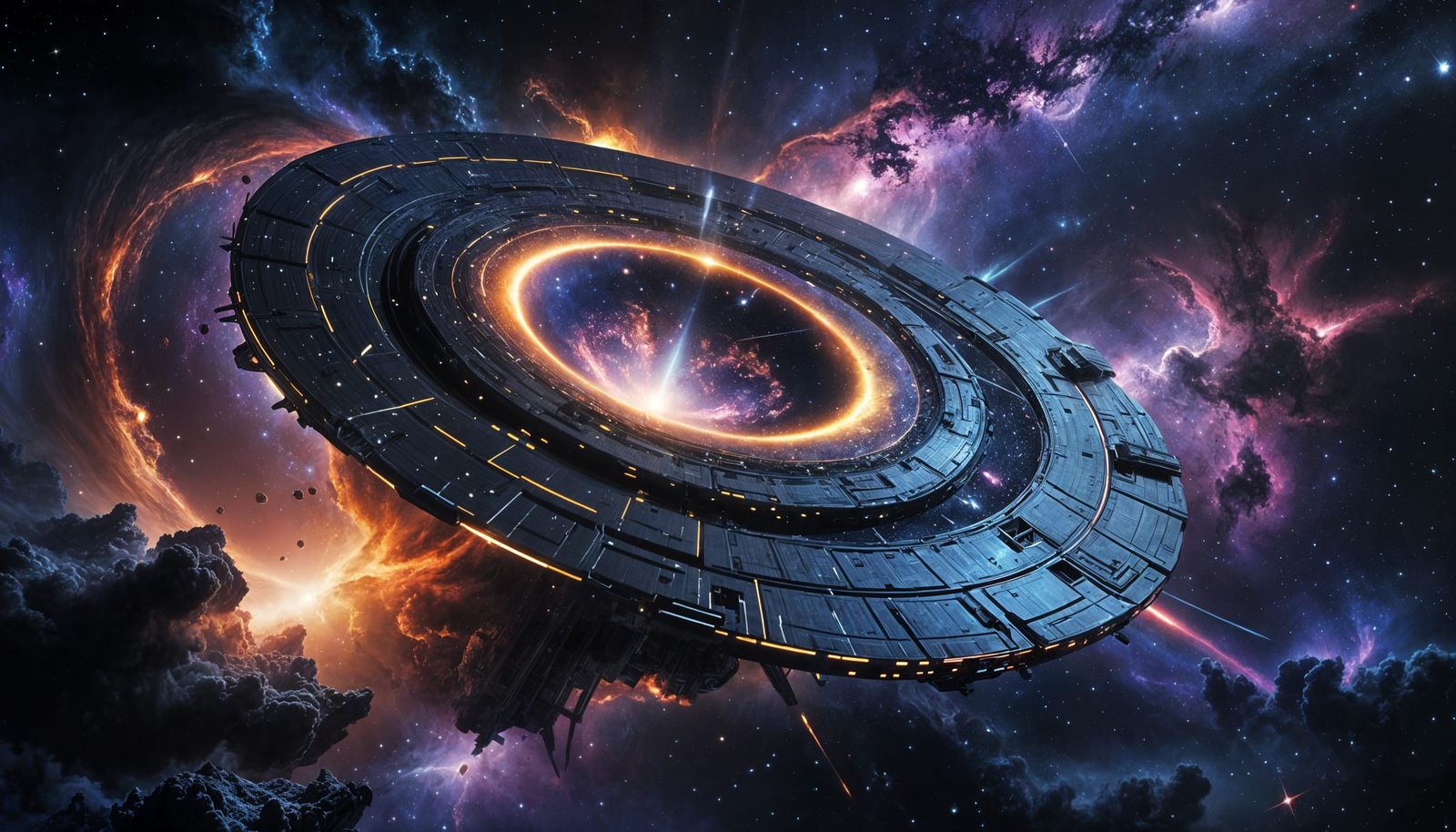 Breathtaking Starship Surrounded by a Cosmic Black Hole