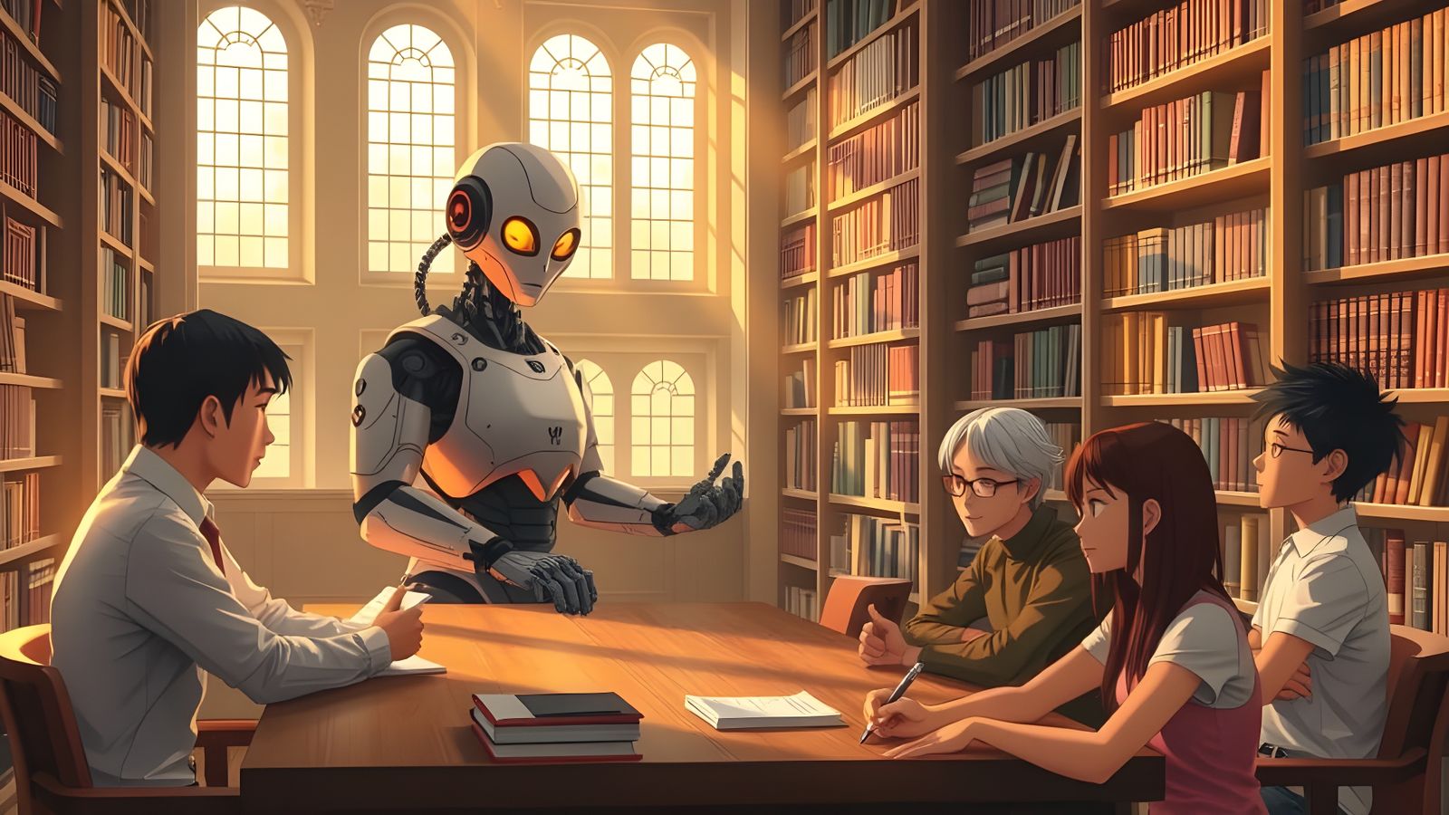 Anime Robot Tutor in Serene Library Setting