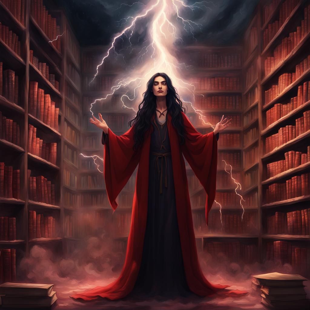 Young Witch Invoking Spell with Lightning Bolts