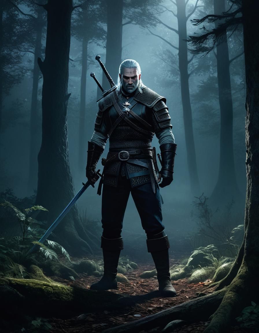 Geralt of Rivia in Mystical Forest: Cinematic Concept Art