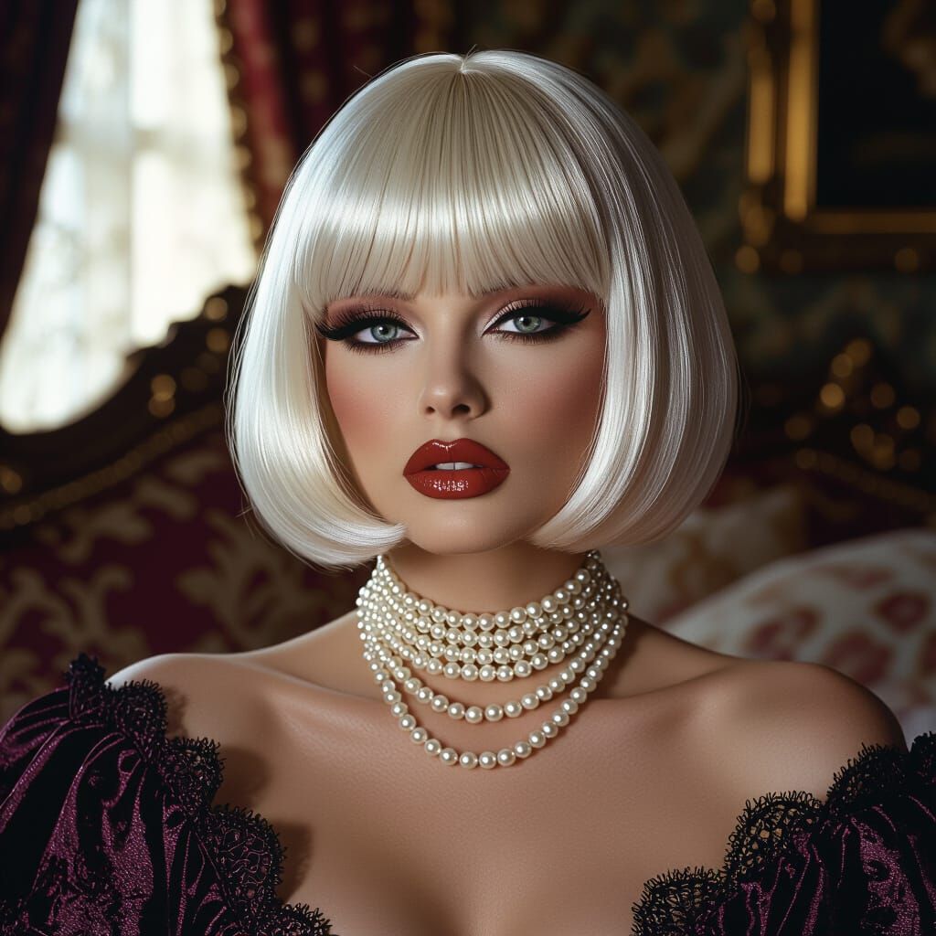 Glamour Portrait of Crossdresser with Platinum Bob and Pearl...