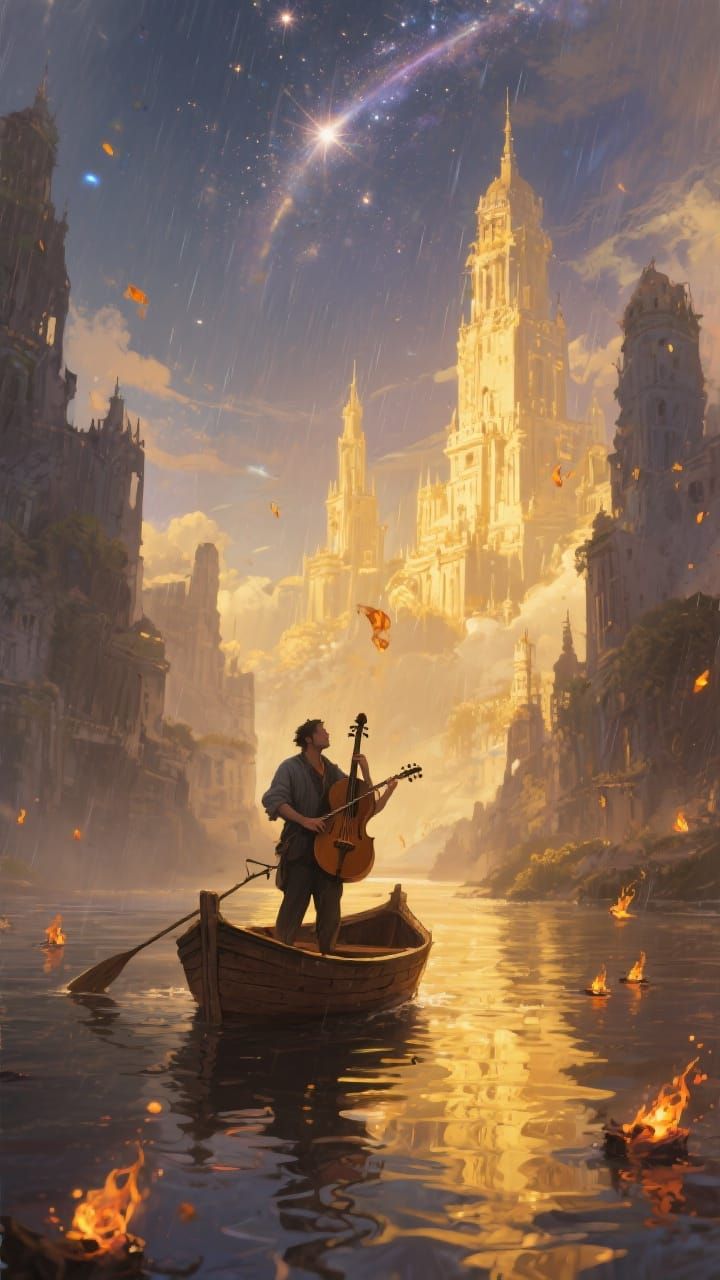 Ethereal Musician Serenades Forgotten City from Boat